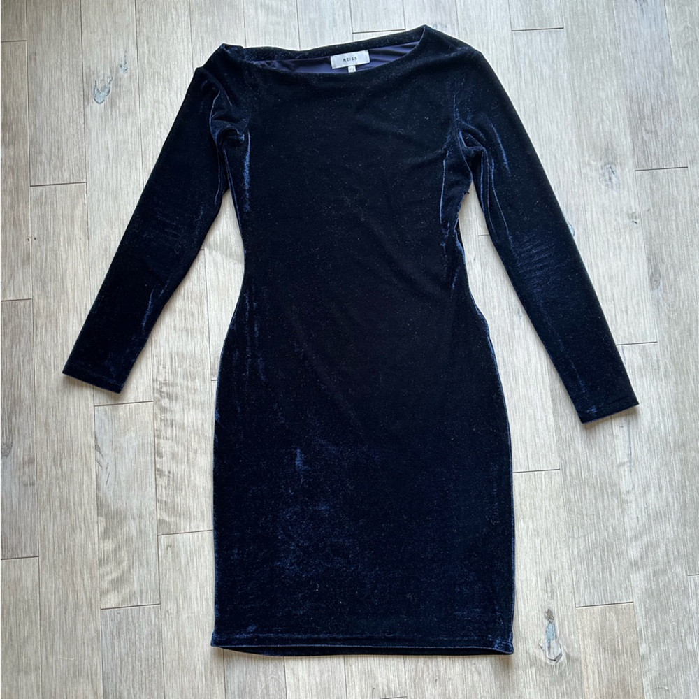 Reiss Blue Velvet Long-Sleeve Bodycon Dress Size‎ 4